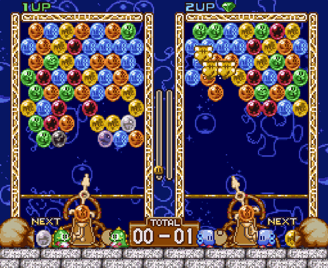 Le premier jeu de Bubble Shooter : Puzzle Bobble, en mode multijoueur, développé par Taito en 1994